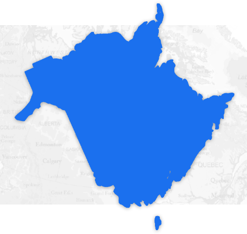 Map highlighting the province of New Brunswick in bright blue against a light background.